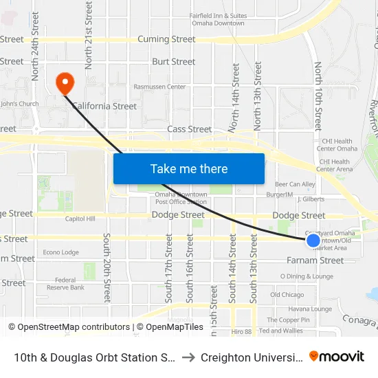 10th & Douglas Orbt Station SW to Creighton University map