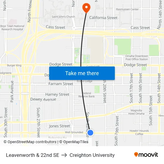Leavenworth & 22nd SE to Creighton University map