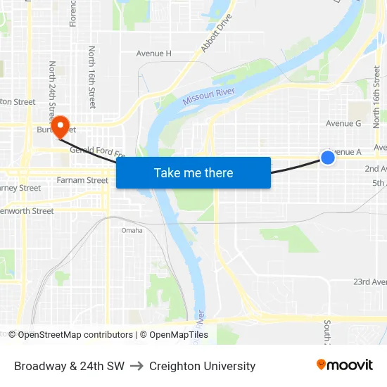 Broadway & 24th SW to Creighton University map
