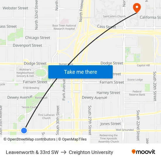Leavenworth & 33rd SW to Creighton University map