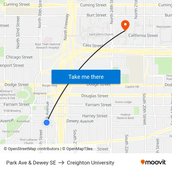 Park Ave & Dewey SE to Creighton University map