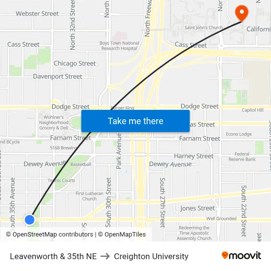 Leavenworth & 35th NE to Creighton University map