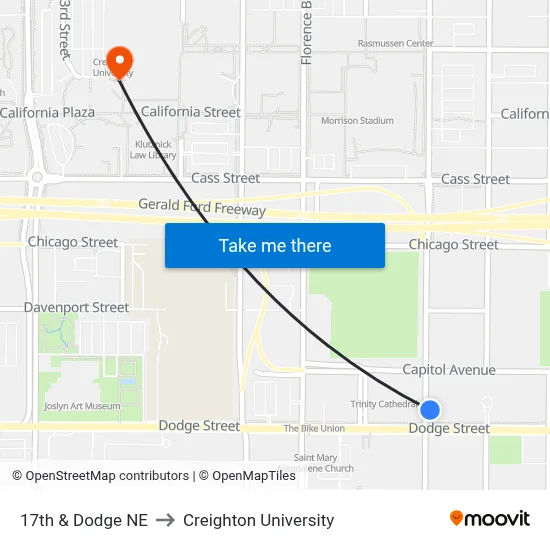 17th & Dodge NE to Creighton University map