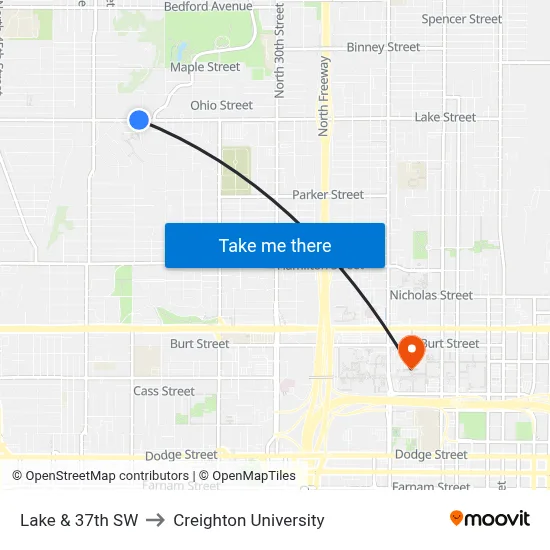 Lake & 37th SW to Creighton University map