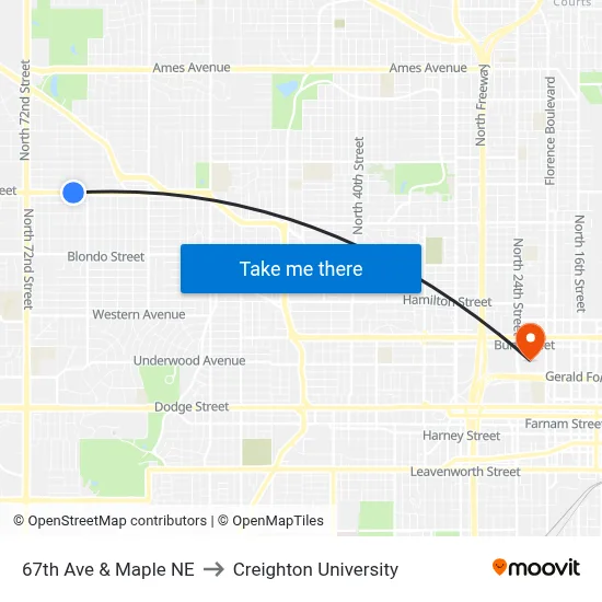 67th Ave & Maple NE to Creighton University map