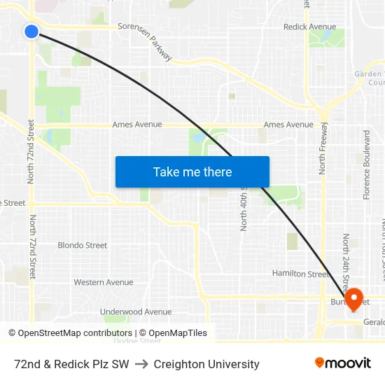 72nd & Redick Plz SW to Creighton University map