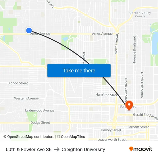 60th & Fowler Ave SE to Creighton University map