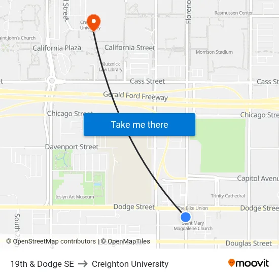 19th & Dodge SE to Creighton University map