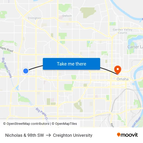 Nicholas & 98th SW to Creighton University map