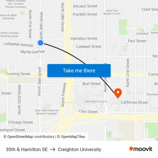 30th & Hamilton SE to Creighton University map
