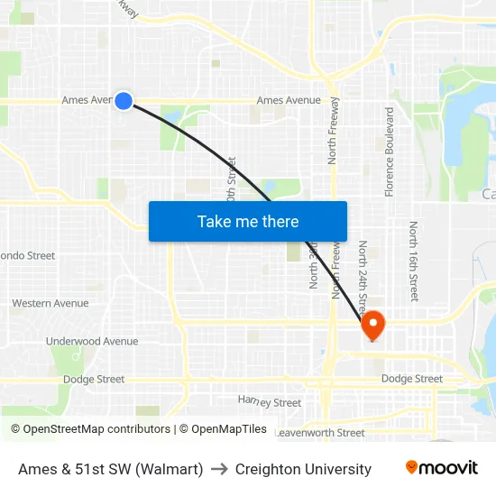 Ames & 51st SW (Walmart) to Creighton University map