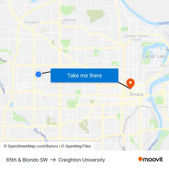 85th & Blondo SW to Creighton University map