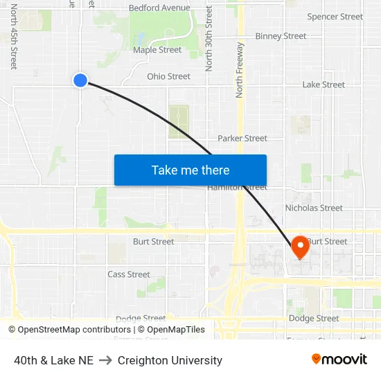 40th & Lake NE to Creighton University map