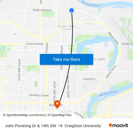 John Pershing Dr & 14th SW to Creighton University map