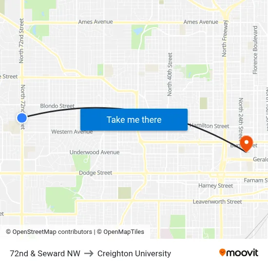 72nd & Seward NW to Creighton University map