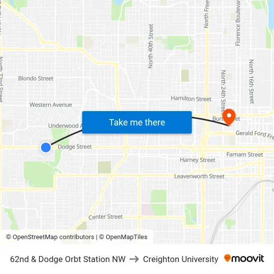 62nd & Dodge Orbt Station NW to Creighton University map