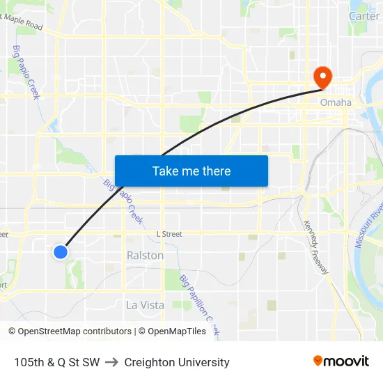 105th & Q St SW to Creighton University map