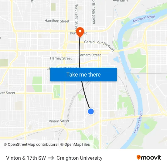 Vinton & 17th SW to Creighton University map
