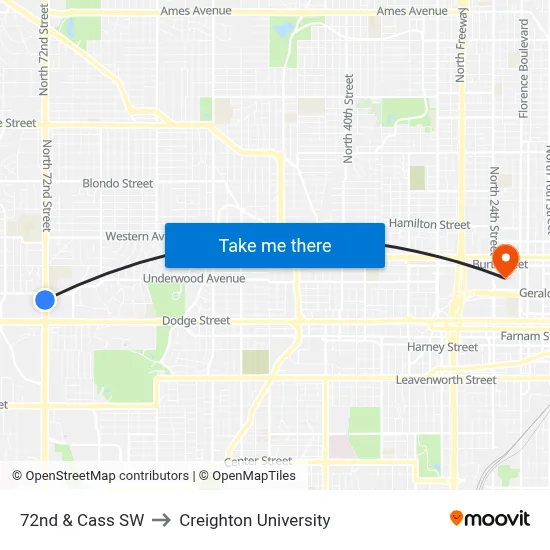 72nd & Cass SW to Creighton University map