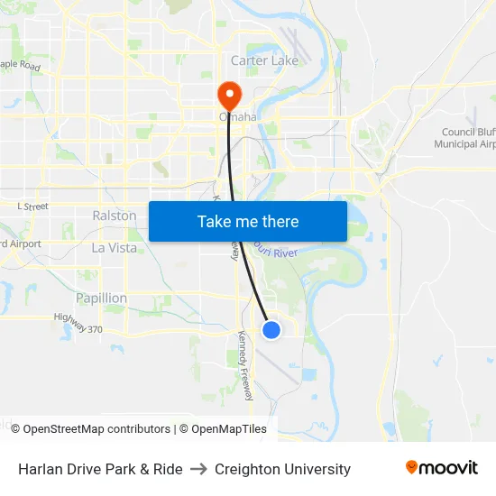 Harlan Drive Park & Ride to Creighton University map