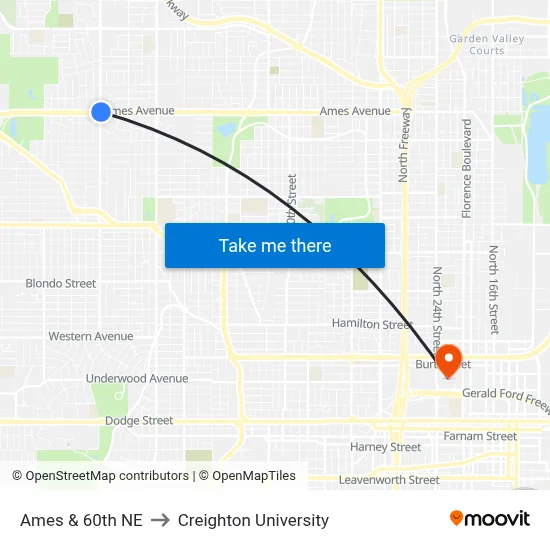 Ames & 60th NE to Creighton University map