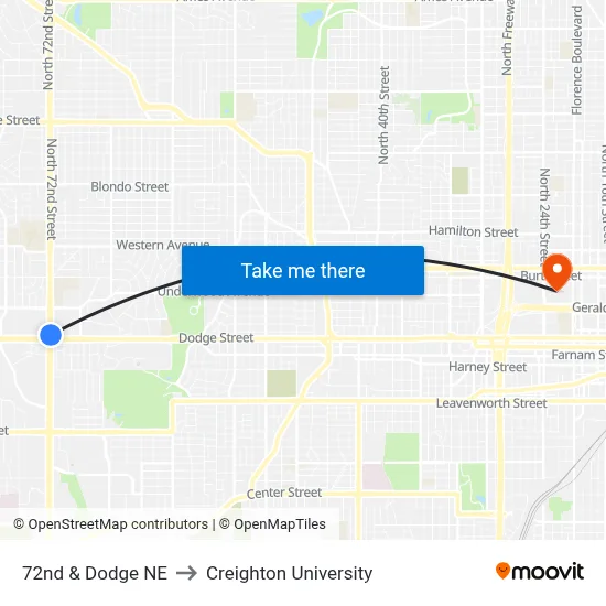 72nd & Dodge NE to Creighton University map