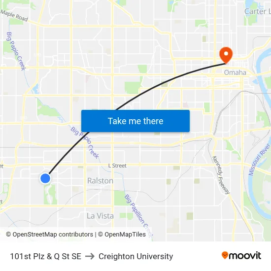 101st Plz & Q St SE to Creighton University map