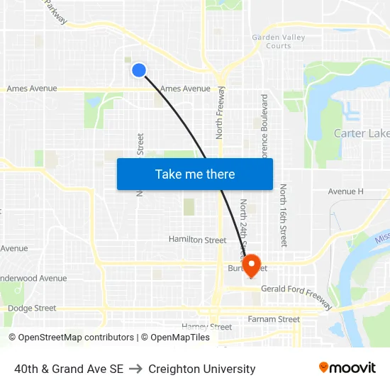 40th & Grand Ave SE to Creighton University map
