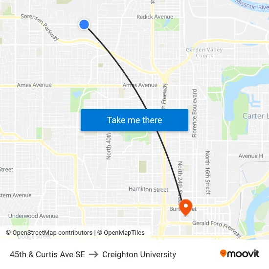 45th & Curtis Ave SE to Creighton University map