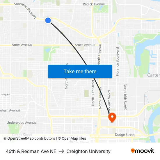 46th & Redman Ave NE to Creighton University map