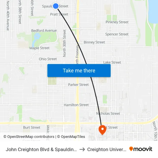 John Creighton Blvd & Spaulding NE to Creighton University map