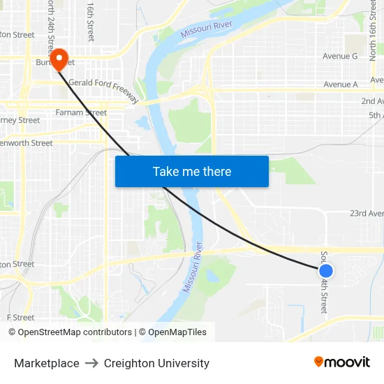 Marketplace to Creighton University map