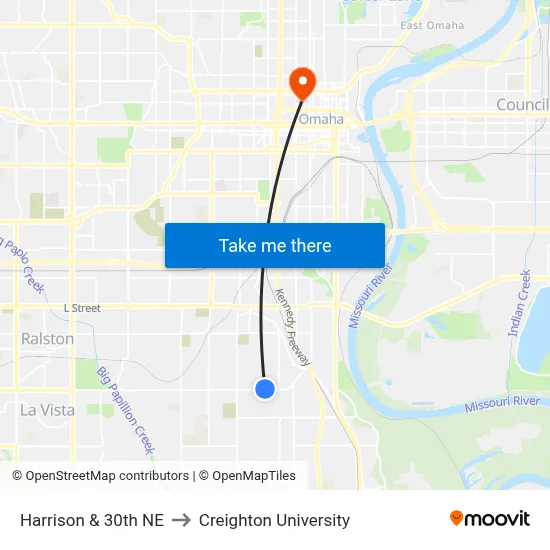 Harrison & 30th NE to Creighton University map