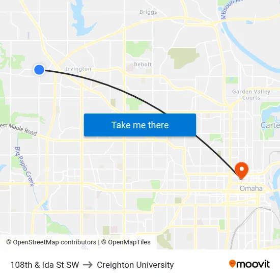 108th & Ida St SW to Creighton University map