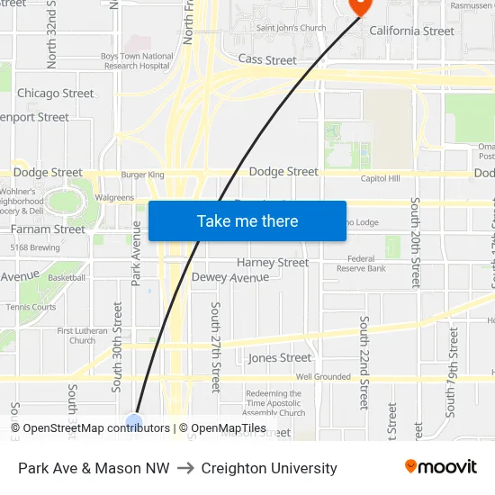 Park Ave & Mason NW to Creighton University map