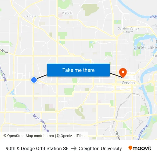 90th & Dodge Orbt Station SE to Creighton University map