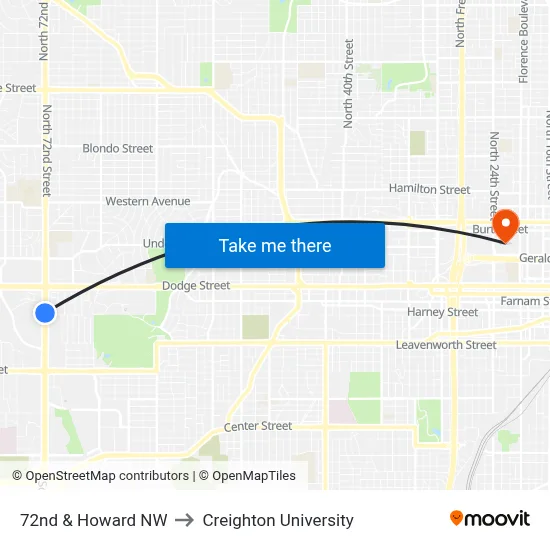 72nd & Howard NW to Creighton University map