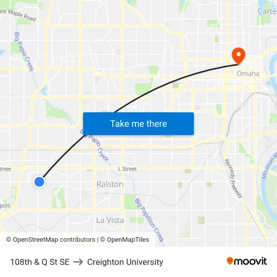 108th & Q St SE to Creighton University map