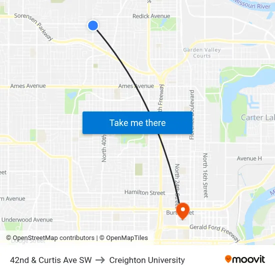 42nd & Curtis Ave SW to Creighton University map