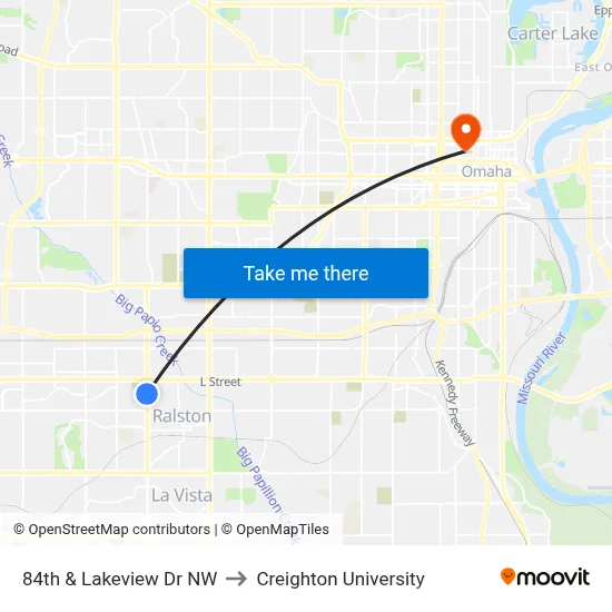 84th & Lakeview Dr NW to Creighton University map
