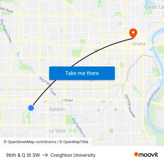 96th & Q St SW to Creighton University map