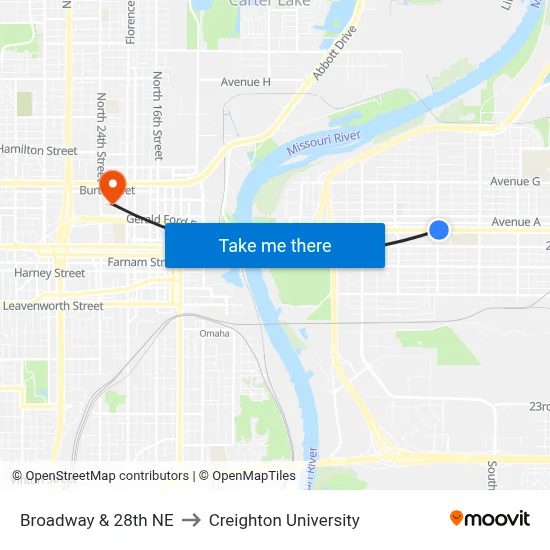 Broadway & 28th NE to Creighton University map