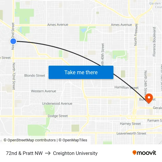72nd & Pratt NW to Creighton University map