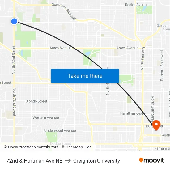 72nd & Hartman Ave NE to Creighton University map