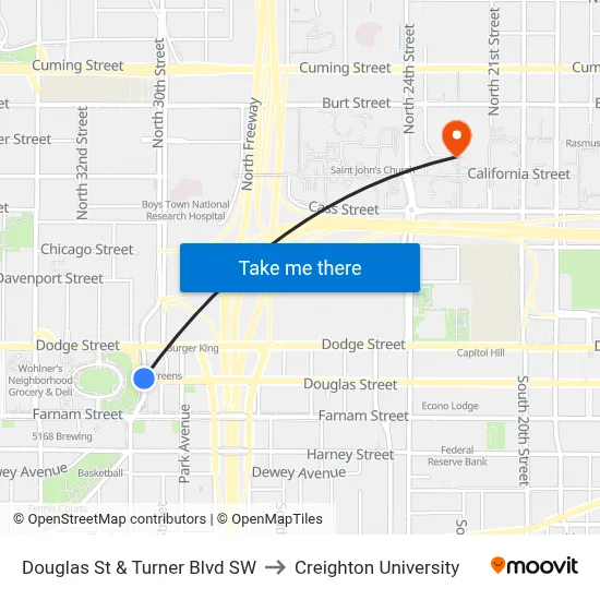 Douglas St & Turner Blvd SW to Creighton University map