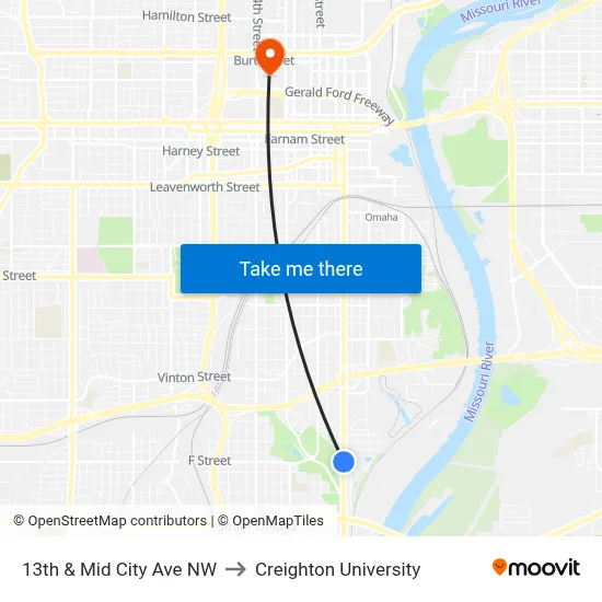 13th & Mid City Ave NW to Creighton University map