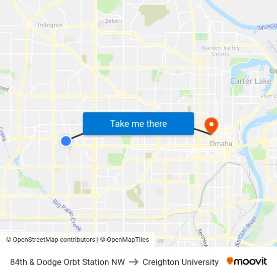 84th & Dodge Orbt Station NW to Creighton University map