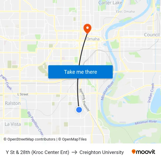 Y St & 28th (Kroc Center Ent) to Creighton University map