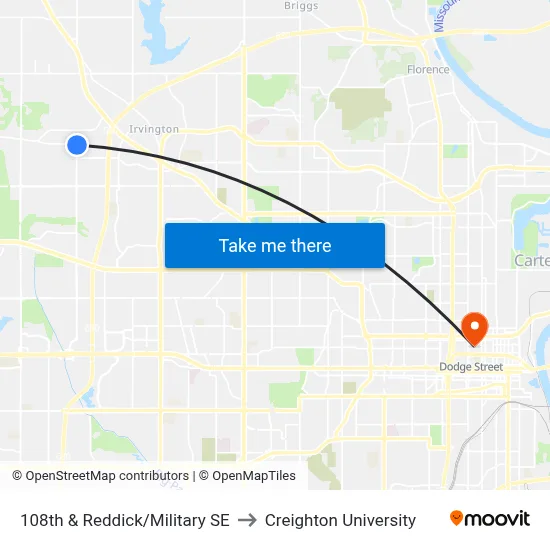 108th & Reddick/Military SE to Creighton University map