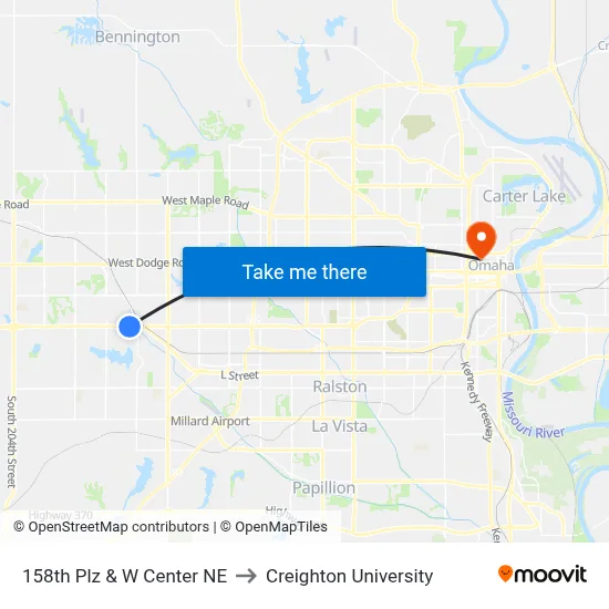 158th Plz & W Center NE to Creighton University map